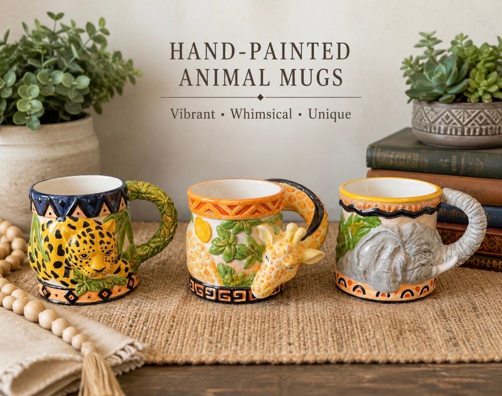 Vintage 3D Hand Painted Ceramic Safari Animal Mugs Set of 3 Wildlife Relief